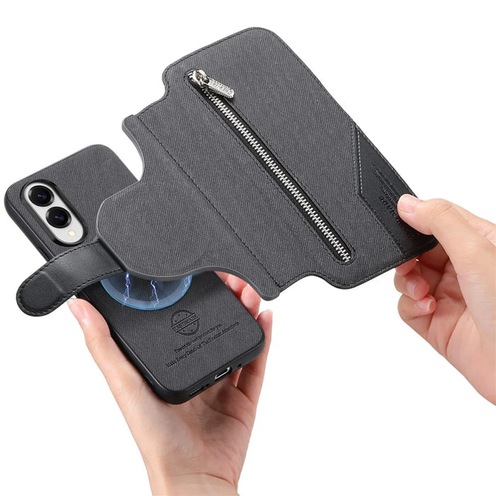 For Samsung Galaxy S25 Magnetic Case RFID Blocking Detachable Wallet Stand Cloth Texture Leather Phone Cover - Black - 6