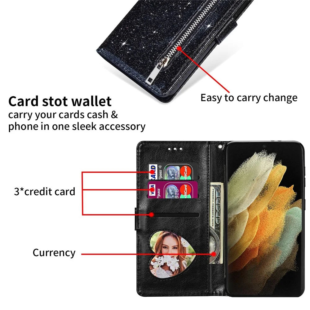 For Samsung Galaxy S23 Zipper Pocket Glittery PU Leather Anti-drop Phone Case Flip Wallet Stand Full Protection Phone Cover - Black - 4