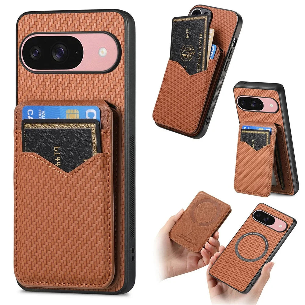 For Google Pixel 10 / 10 Pro Magnetic Case Carbon Fiber Texture Back Cover with Detachable Card Holder - Brown - 1