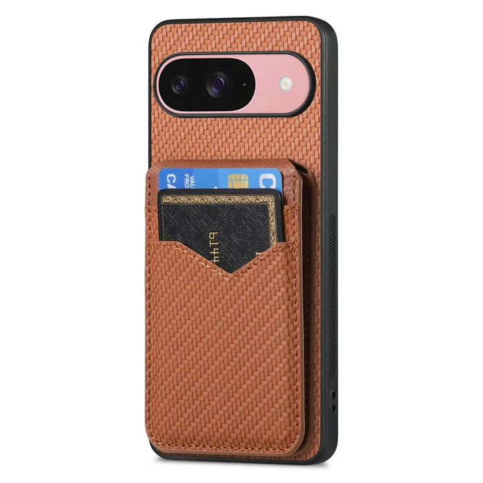 For Google Pixel 10 / 10 Pro Magnetic Case Carbon Fiber Texture Back Cover with Detachable Card Holder - Brown - 2