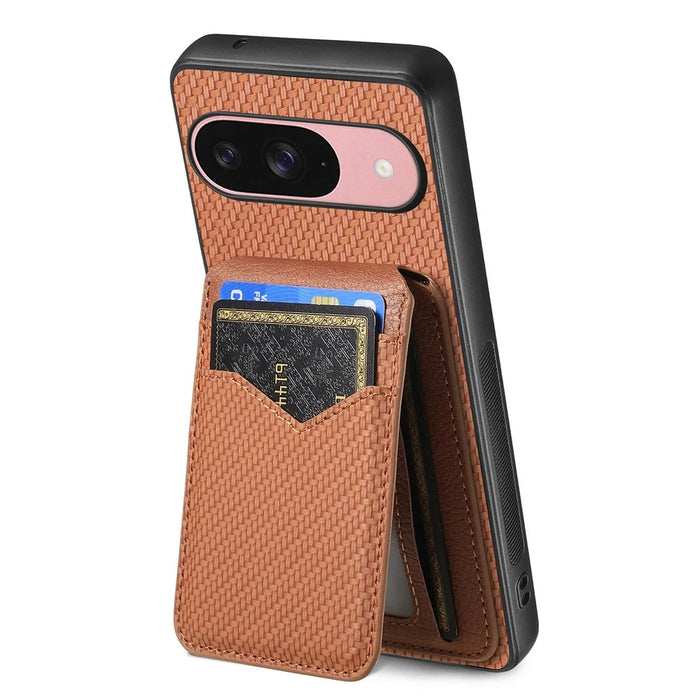 For Google Pixel 10 / 10 Pro Magnetic Case Carbon Fiber Texture Back Cover with Detachable Card Holder - Brown - 4