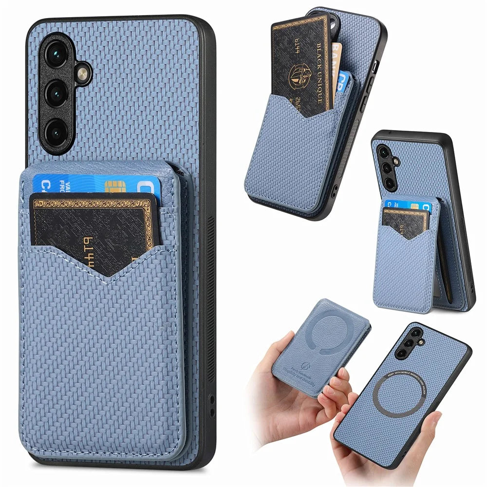 For Samsung Galaxy A26 5G Magnetic Case Carbon Fiber Texture Back Cover with Detachable Card Holder - Blue - 1