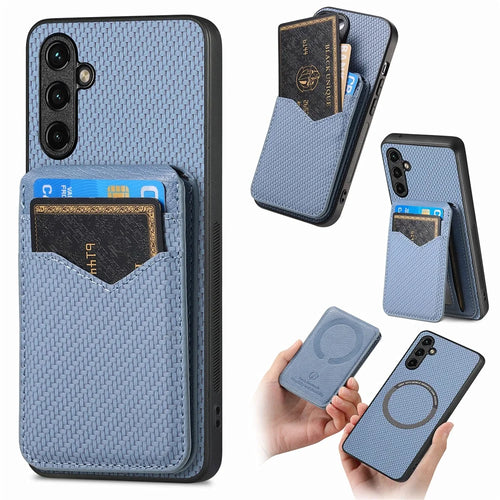 For Samsung Galaxy A36 5G Magnetic Case Carbon Fiber Texture Back Cover with Detachable Card Holder - Blue - 1