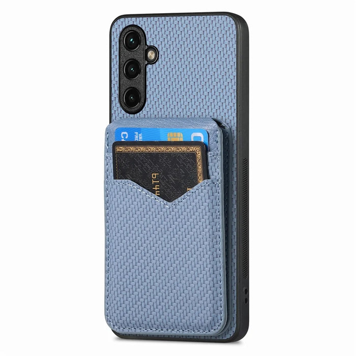 For Samsung Galaxy A36 5G Magnetic Case Carbon Fiber Texture Back Cover with Detachable Card Holder - Blue - 2