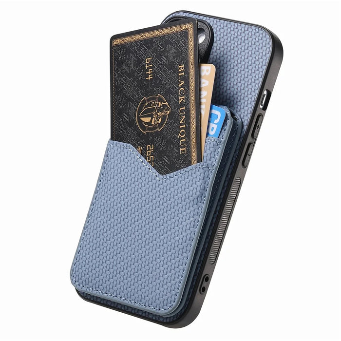 For Samsung Galaxy A36 5G Magnetic Case Carbon Fiber Texture Back Cover with Detachable Card Holder - Blue - 3