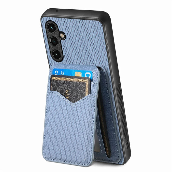 For Samsung Galaxy A36 5G Magnetic Case Carbon Fiber Texture Back Cover with Detachable Card Holder - Blue - 4