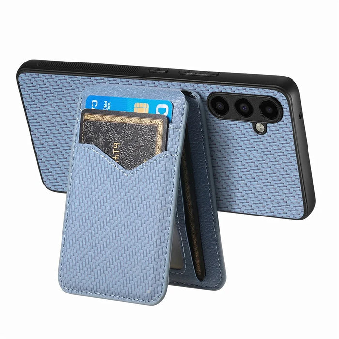 For Samsung Galaxy A36 5G Magnetic Case Carbon Fiber Texture Back Cover with Detachable Card Holder - Blue - 5