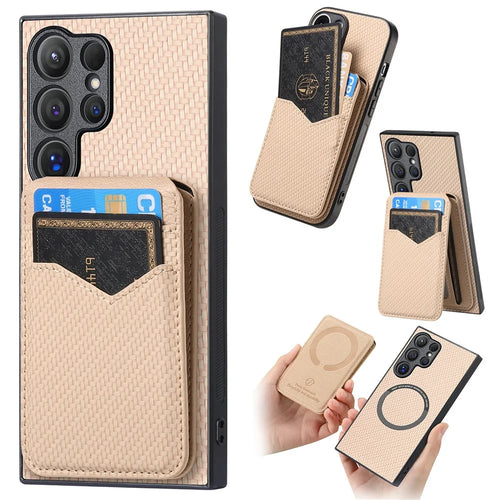 For Samsung Galaxy S26 Ultra Magnetic Case Carbon Fiber Texture Back Cover with Detachable Card Holder - Khaki - 1
