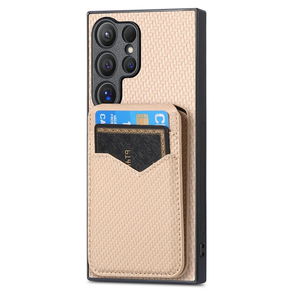 For Samsung Galaxy S26 Ultra Magnetic Case Carbon Fiber Texture Back Cover with Detachable Card Holder - Khaki - 2