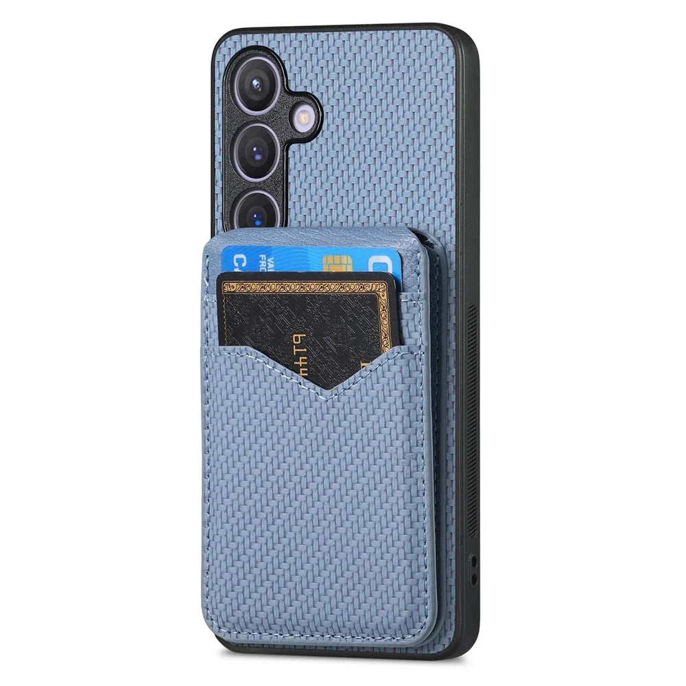For Samsung Galaxy S26+ Magnetic Case Carbon Fiber Texture Back Cover with Detachable Card Holder - Blue - 2