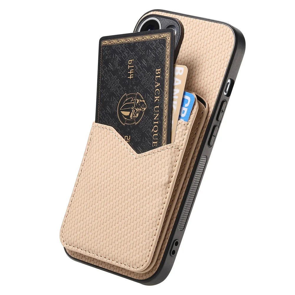 For Samsung Galaxy S25 Ultra Magnetic Case Carbon Fiber Texture Back Cover with Detachable Card Holder - Khaki - 3
