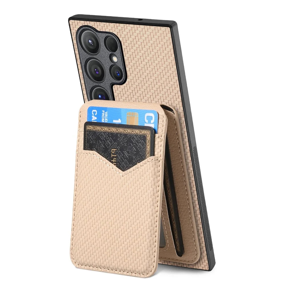 For Samsung Galaxy S25 Ultra Magnetic Case Carbon Fiber Texture Back Cover with Detachable Card Holder - Khaki - 4