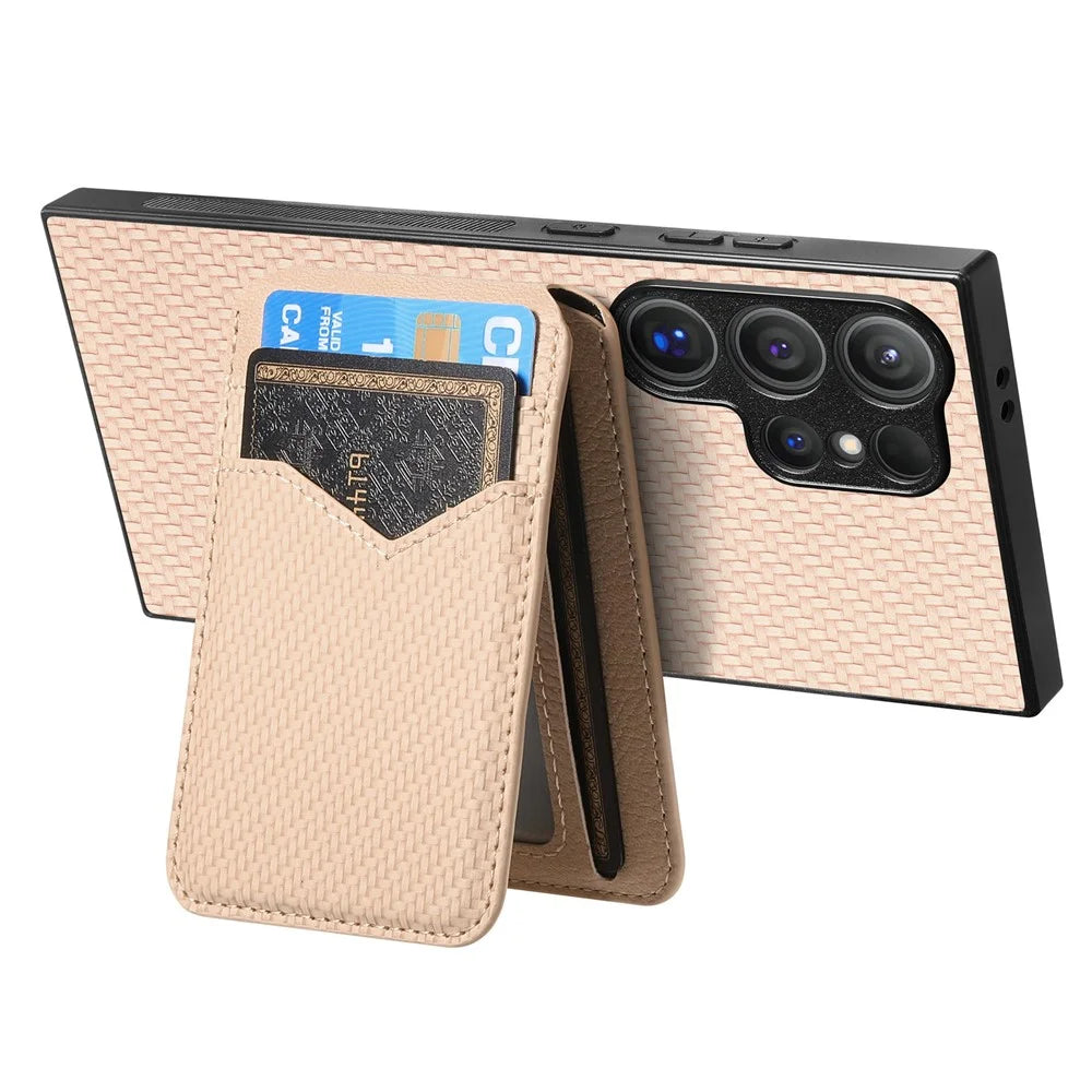 For Samsung Galaxy S25 Ultra Magnetic Case Carbon Fiber Texture Back Cover with Detachable Card Holder - Khaki - 5