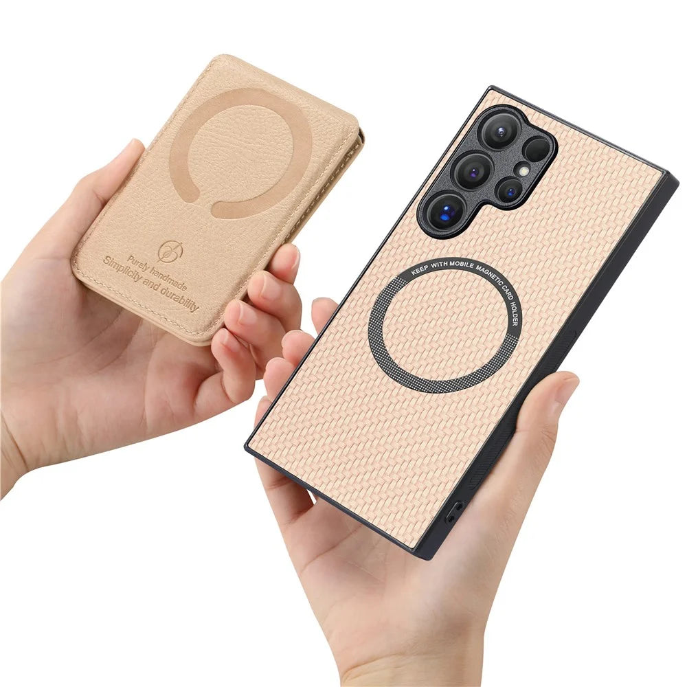 For Samsung Galaxy S25 Ultra Magnetic Case Carbon Fiber Texture Back Cover with Detachable Card Holder - Khaki - 6
