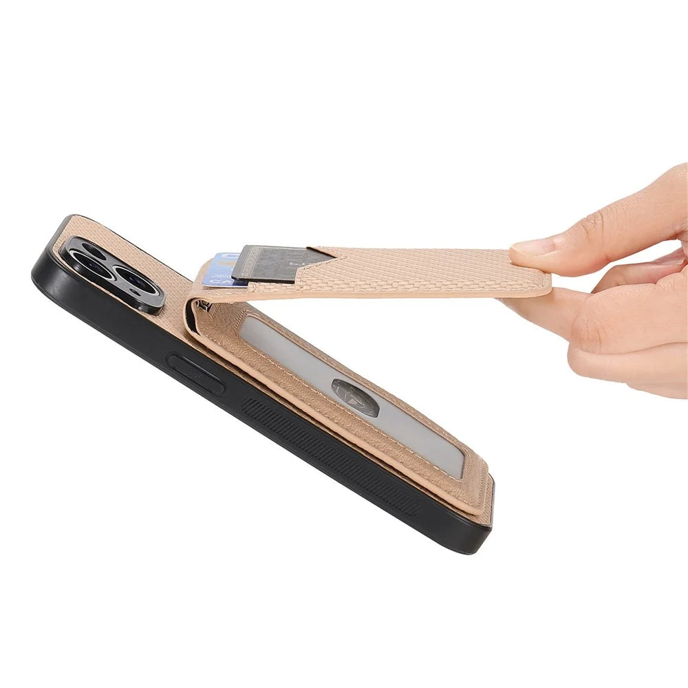 For Samsung Galaxy S25 Ultra Magnetic Case Carbon Fiber Texture Back Cover with Detachable Card Holder - Khaki - 7