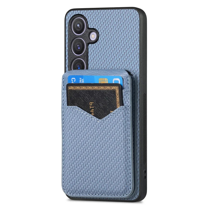 For Samsung Galaxy S25 Magnetic Case Carbon Fiber Texture Back Cover with Detachable Card Holder - Blue - 2