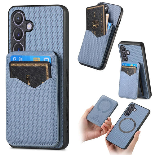 For Samsung Galaxy S25+ Magnetic Case Carbon Fiber Texture Back Cover with Detachable Card Holder - Blue - 1