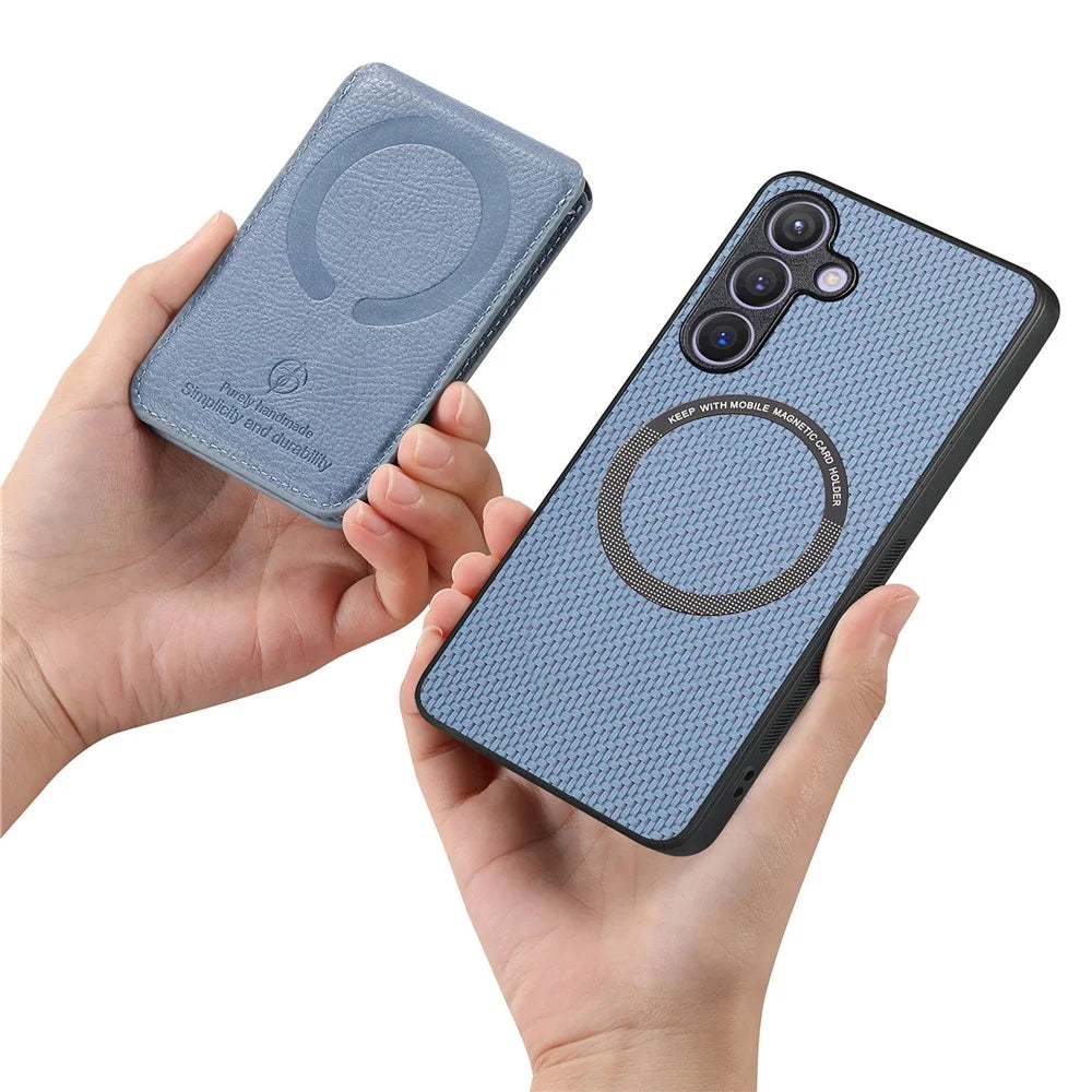 For Samsung Galaxy S25+ Magnetic Case Carbon Fiber Texture Back Cover with Detachable Card Holder - Blue - 6