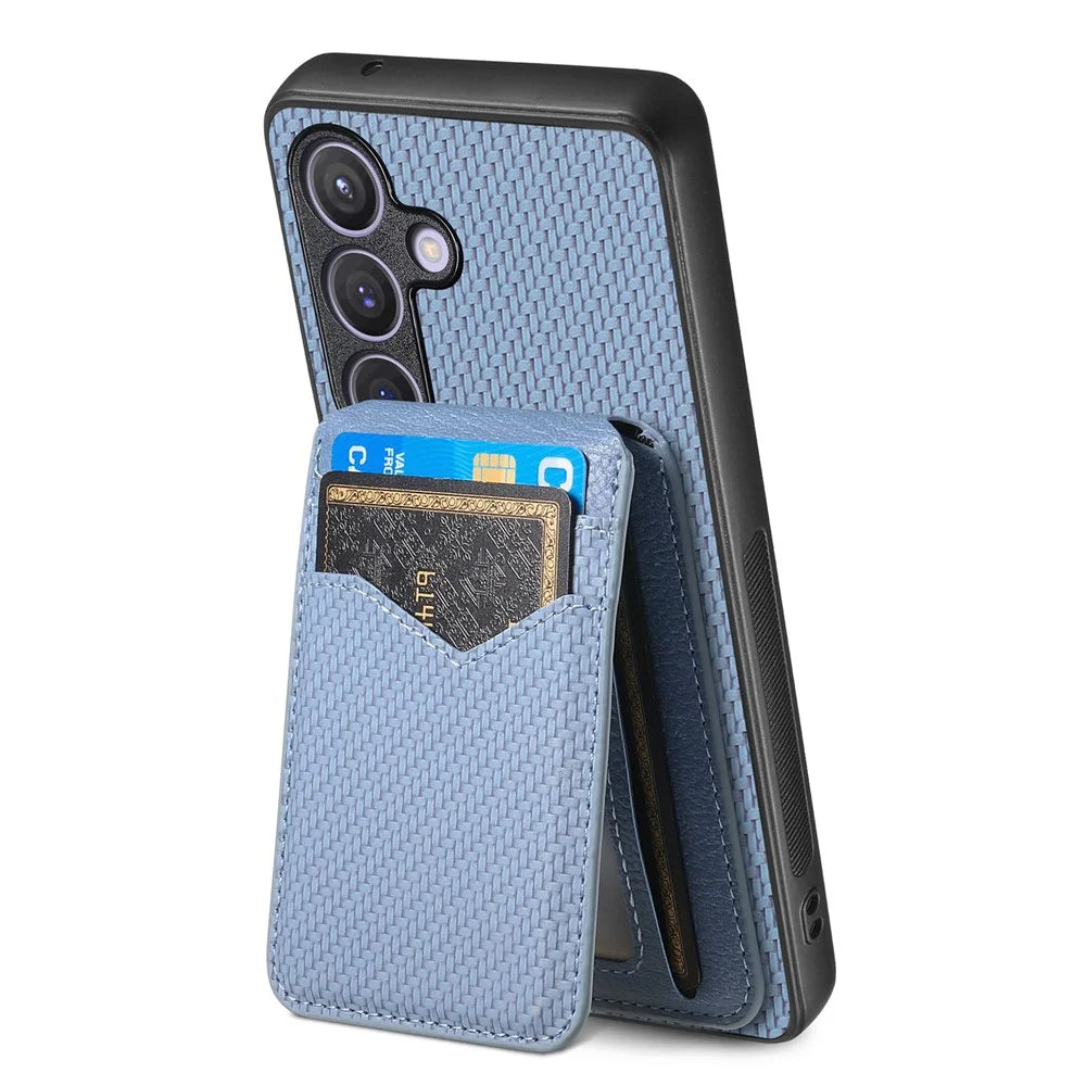 For Samsung Galaxy S25 FE Magnetic Case Carbon Fiber Texture Back Cover with Detachable Card Holder - Blue - 4