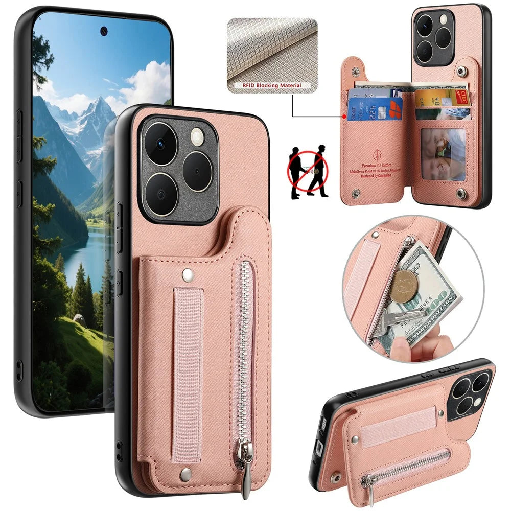For Realme 15T 5G Case RFID Blocking Card Holder Jeans Cloth Texture Leather Back Cover with Elastic Wristband - Pink - 1