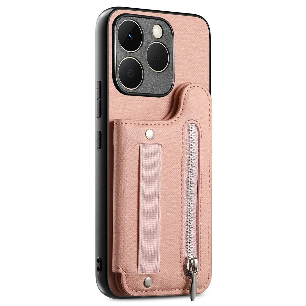 For Realme 15T 5G Case RFID Blocking Card Holder Jeans Cloth Texture Leather Back Cover with Elastic Wristband - Pink - 2