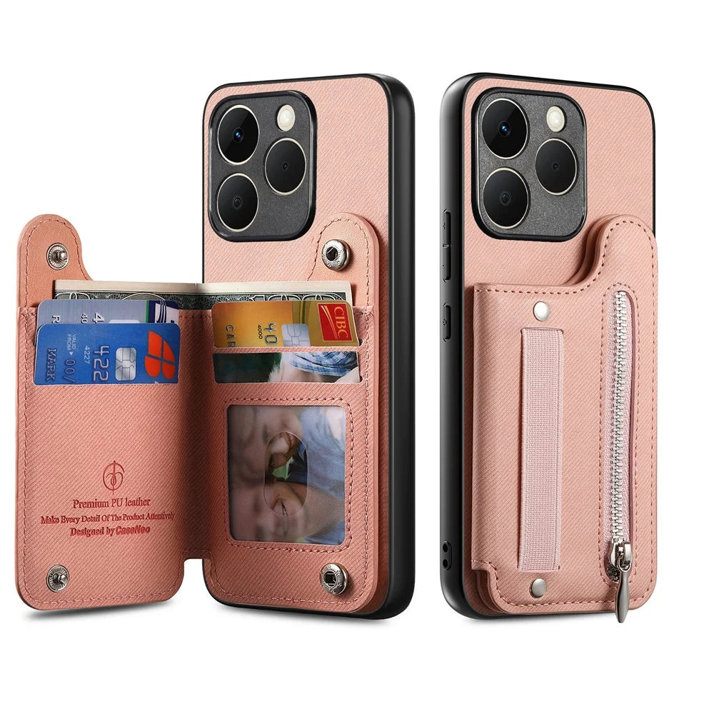 For Realme 15T 5G Case RFID Blocking Card Holder Jeans Cloth Texture Leather Back Cover with Elastic Wristband - Pink - 3