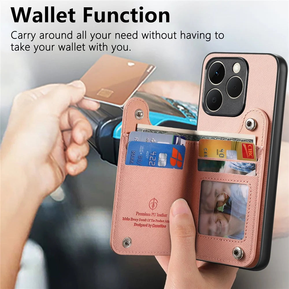 For Realme 15T 5G Case RFID Blocking Card Holder Jeans Cloth Texture Leather Back Cover with Elastic Wristband - Pink - 4