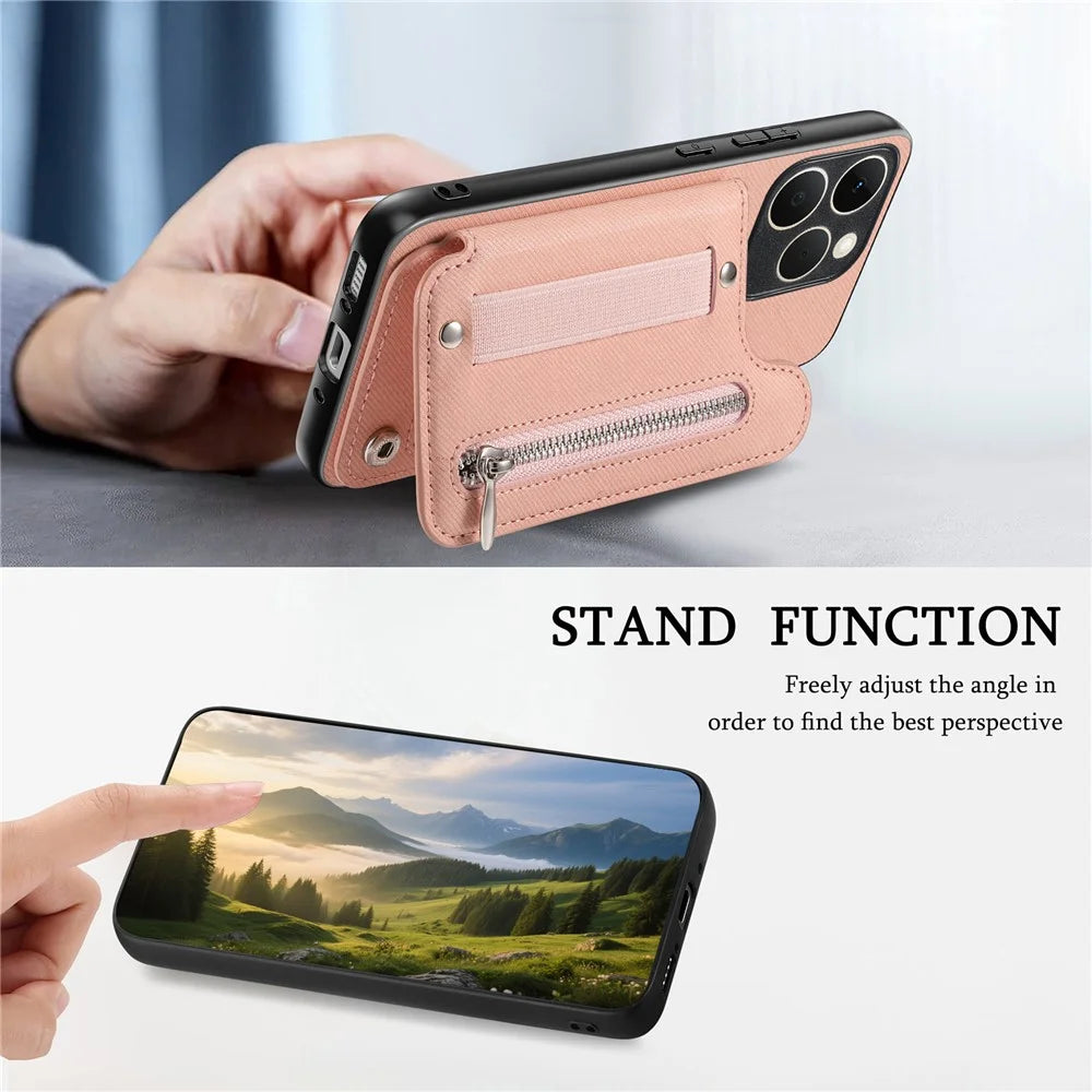 For Realme 15T 5G Case RFID Blocking Card Holder Jeans Cloth Texture Leather Back Cover with Elastic Wristband - Pink - 5