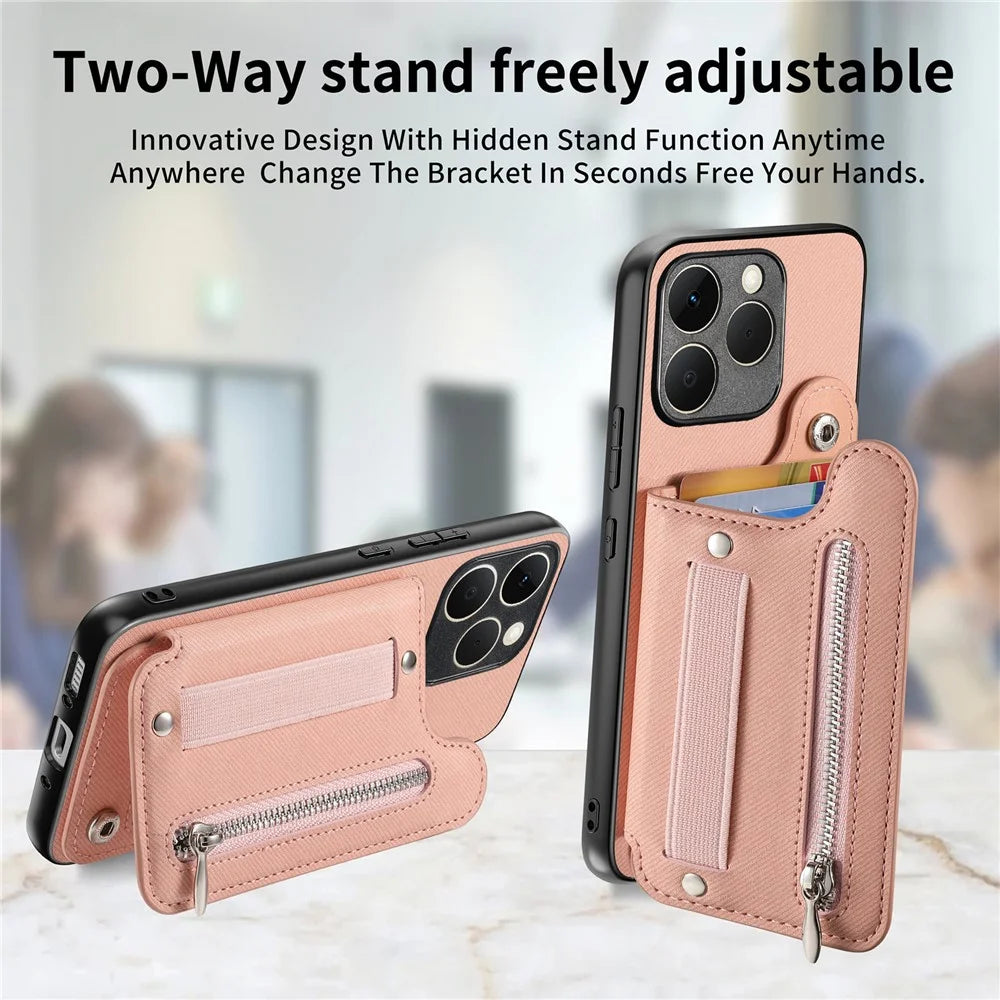 For Realme 15T 5G Case RFID Blocking Card Holder Jeans Cloth Texture Leather Back Cover with Elastic Wristband - Pink - 6
