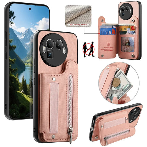 For Realme GT 8 Pro 5G Case RFID Blocking Card Holder Jeans Cloth Texture Leather Back Cover with Elastic Wristband - Pink - 1