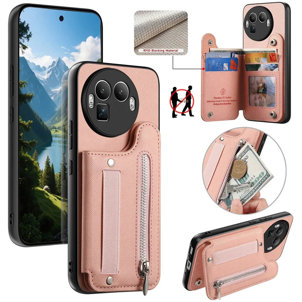For Realme GT 8 Pro 5G Case RFID Blocking Card Holder Jeans Cloth Texture Leather Back Cover with Elastic Wristband - Pink - 1