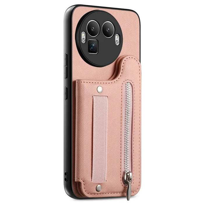 For Realme GT 8 Pro 5G Case RFID Blocking Card Holder Jeans Cloth Texture Leather Back Cover with Elastic Wristband - Pink - 2