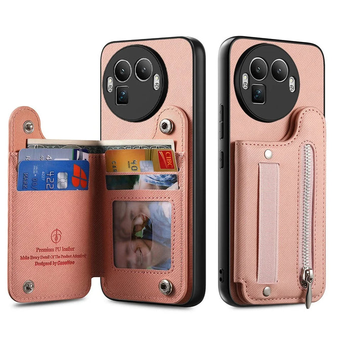 For Realme GT 8 Pro 5G Case RFID Blocking Card Holder Jeans Cloth Texture Leather Back Cover with Elastic Wristband - Pink - 3