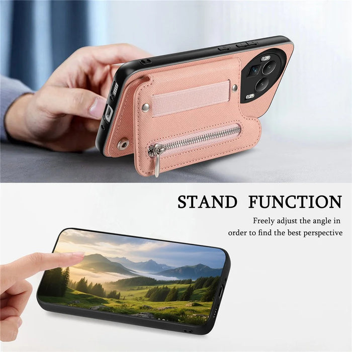 For Realme GT 8 Pro 5G Case RFID Blocking Card Holder Jeans Cloth Texture Leather Back Cover with Elastic Wristband - Pink - 5