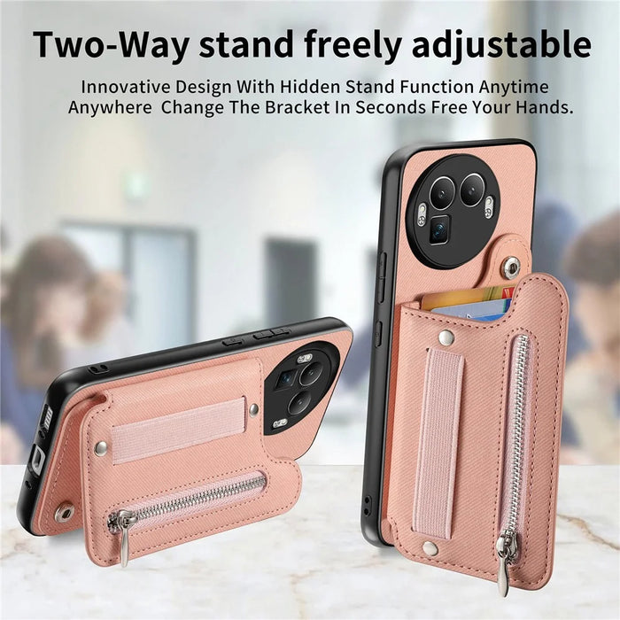 For Realme GT 8 Pro 5G Case RFID Blocking Card Holder Jeans Cloth Texture Leather Back Cover with Elastic Wristband - Pink - 6