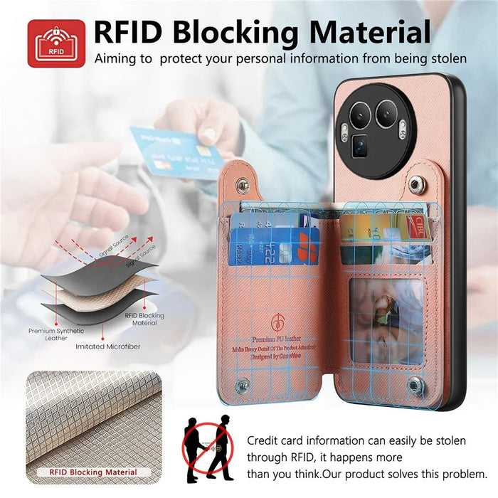 For Realme GT 8 Pro 5G Case RFID Blocking Card Holder Jeans Cloth Texture Leather Back Cover with Elastic Wristband - Pink - 7