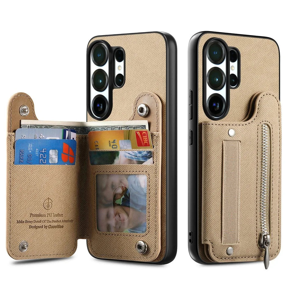 For Samsung Galaxy S26 Ultra Case RFID Blocking Card Holder Jeans Cloth Texture Leather Back Cover with Elastic Wristband - Khaki - 3