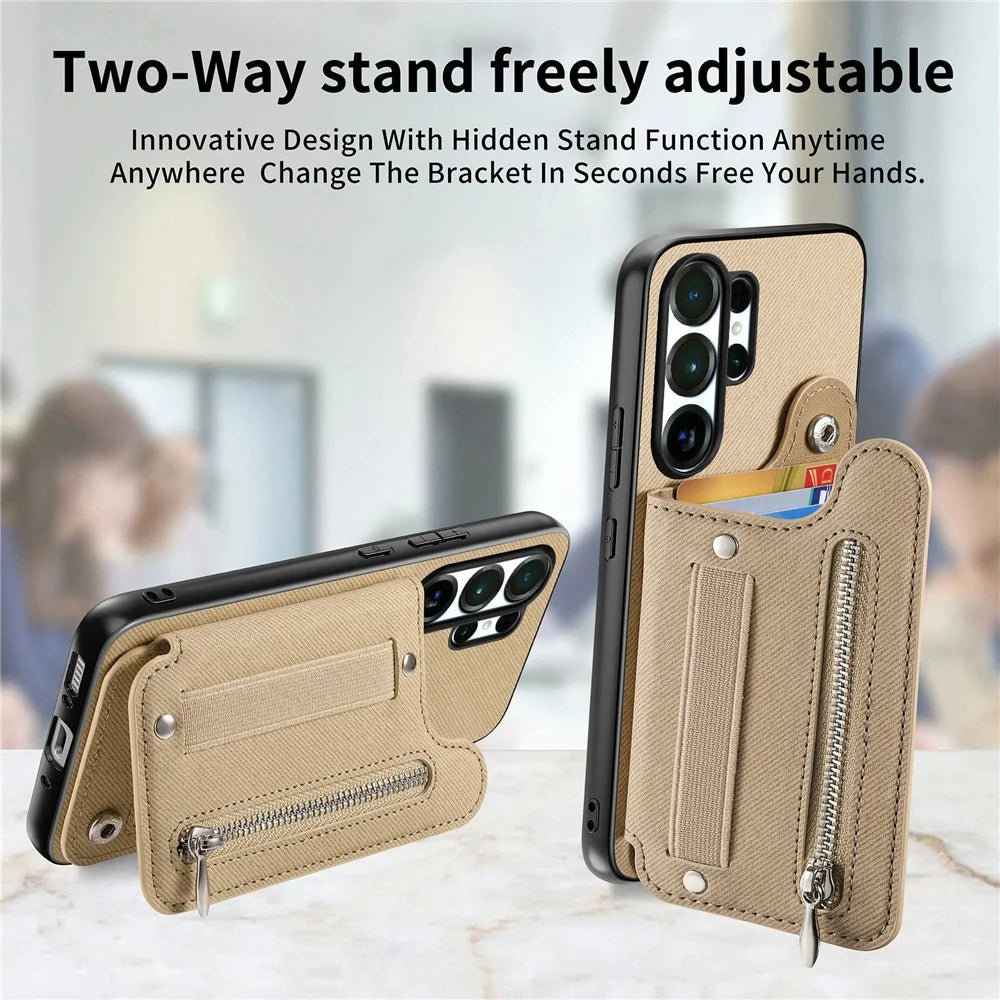 For Samsung Galaxy S26 Ultra Case RFID Blocking Card Holder Jeans Cloth Texture Leather Back Cover with Elastic Wristband - Khaki - 6