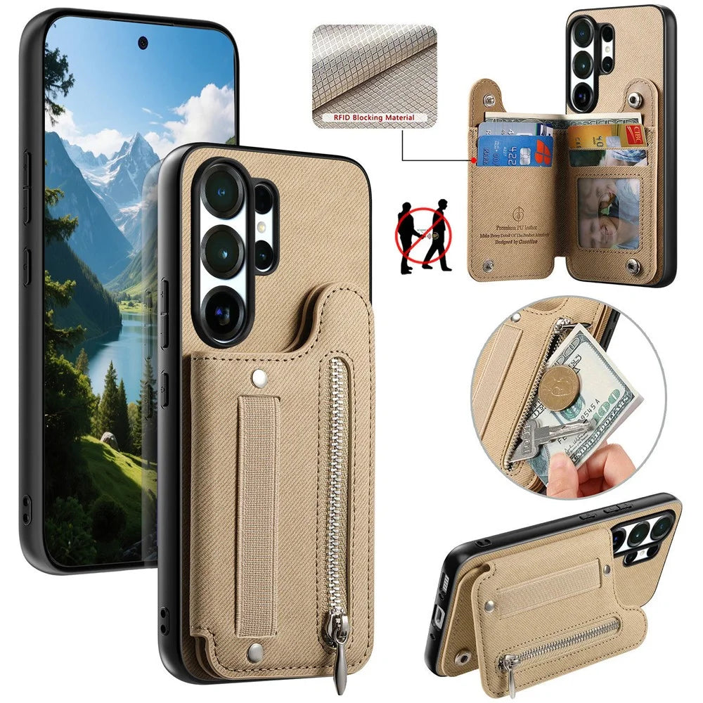 For Samsung Galaxy S25 Ultra Case RFID Blocking Card Holder Jeans Cloth Texture Leather Back Cover with Elastic Wristband - Khaki - 1