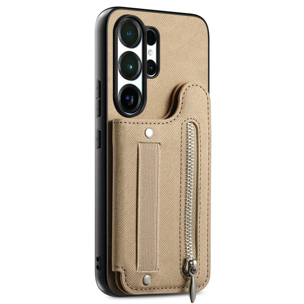 For Samsung Galaxy S25 Ultra Case RFID Blocking Card Holder Jeans Cloth Texture Leather Back Cover with Elastic Wristband - Khaki - 2