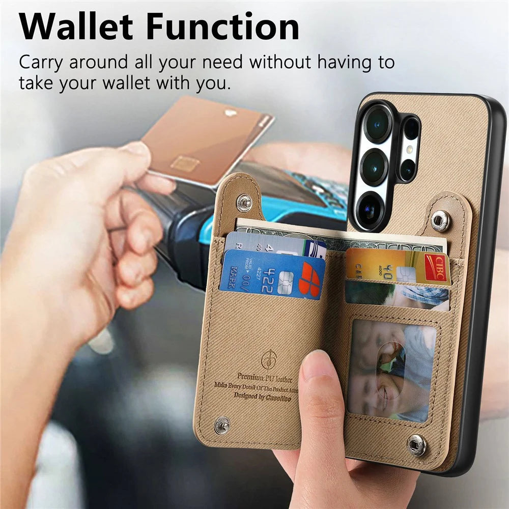 For Samsung Galaxy S25 Ultra Case RFID Blocking Card Holder Jeans Cloth Texture Leather Back Cover with Elastic Wristband - Khaki - 4