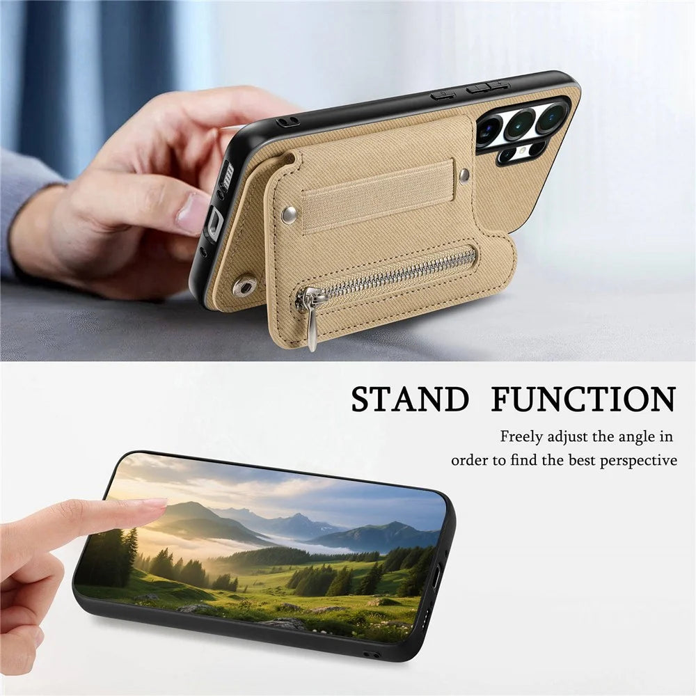 For Samsung Galaxy S25 Ultra Case RFID Blocking Card Holder Jeans Cloth Texture Leather Back Cover with Elastic Wristband - Khaki - 5