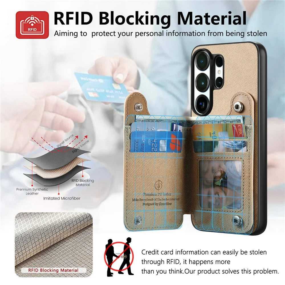 For Samsung Galaxy S25 Ultra Case RFID Blocking Card Holder Jeans Cloth Texture Leather Back Cover with Elastic Wristband - Khaki - 7