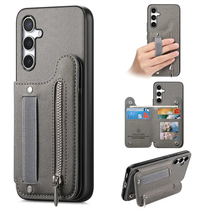 For Samsung Galaxy A56 5G Case RFID Blocking Card Holder Jeans Cloth Texture Leather Back Cover with Elastic Wristband - Grey - 1