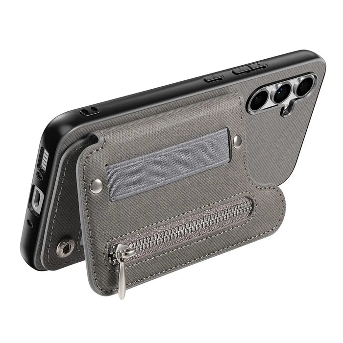 For Samsung Galaxy A56 5G Case RFID Blocking Card Holder Jeans Cloth Texture Leather Back Cover with Elastic Wristband - Grey - 3
