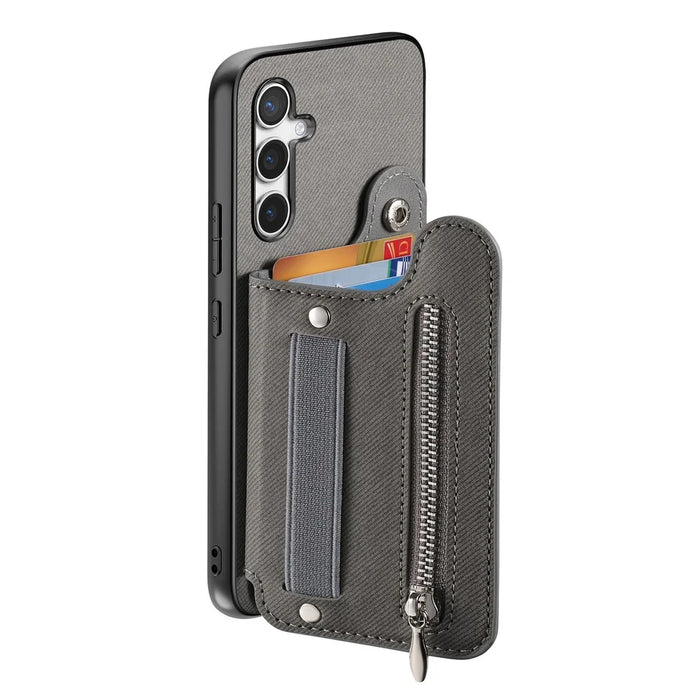 For Samsung Galaxy A56 5G Case RFID Blocking Card Holder Jeans Cloth Texture Leather Back Cover with Elastic Wristband - Grey - 4