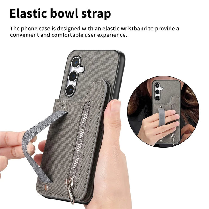 For Samsung Galaxy A56 5G Case RFID Blocking Card Holder Jeans Cloth Texture Leather Back Cover with Elastic Wristband - Grey - 6