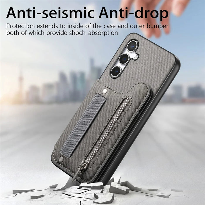For Samsung Galaxy A56 5G Case RFID Blocking Card Holder Jeans Cloth Texture Leather Back Cover with Elastic Wristband - Grey - 7