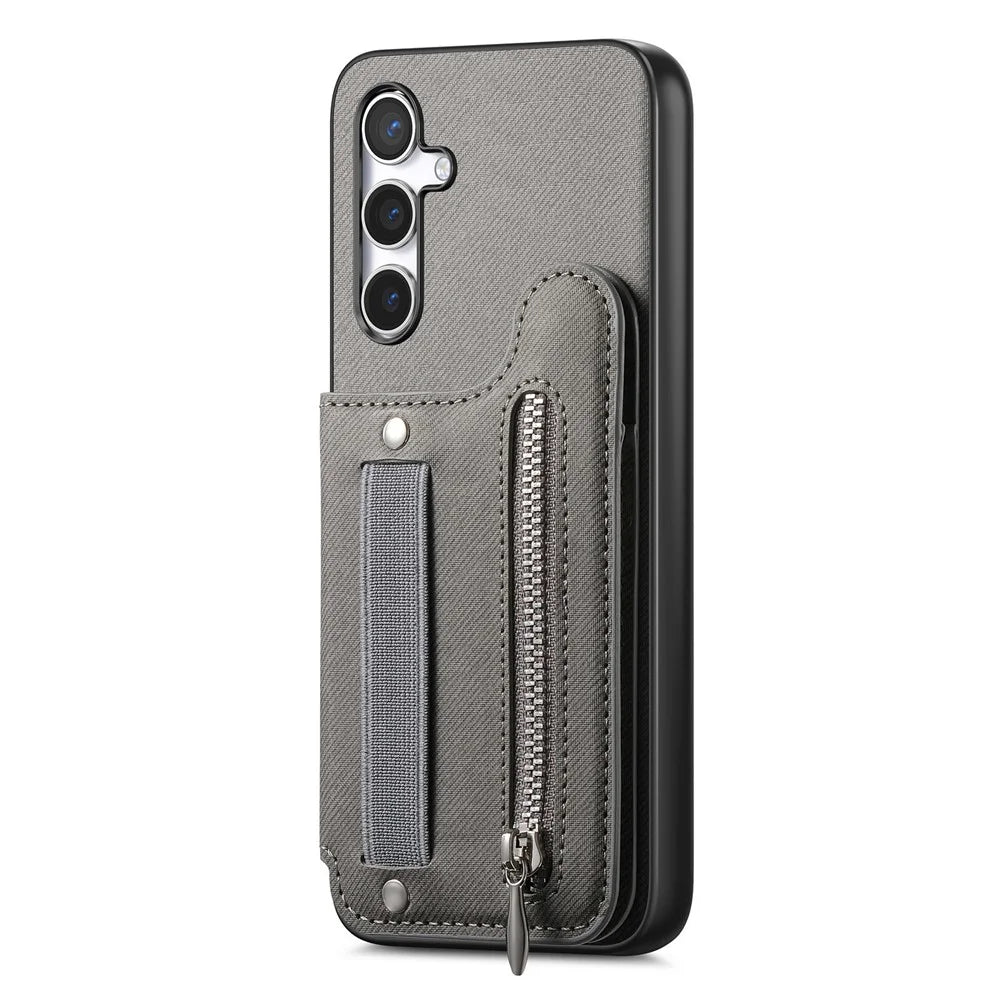 For Samsung Galaxy A36 5G Case RFID Blocking Card Holder Jeans Cloth Texture Leather Back Cover with Elastic Wristband - Grey - 2