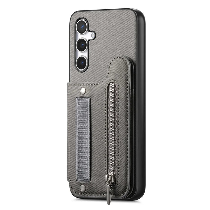 For Samsung Galaxy A26 5G Case RFID Blocking Card Holder Jeans Cloth Texture Leather Back Cover with Elastic Wristband - Grey - 2